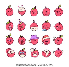 Cartoon kawaii lychee. Cute fruit tree character. Hand drawn style. Vector drawing. Collection of design elements.