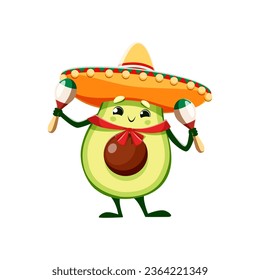 Cartoon kawaii mexican avocado character, funny mariachi fruit with maracas wearing sombrero hat. Isolated vector charro latino artist personage perform musical concert at fiesta holiday celebration