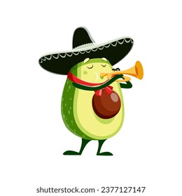 Cartoon kawaii mexikanische Avocado Charakter in sombrero mit Trompete, Vektorkinder Persönlichkeit. Funny cute avocado Mariachi Musik für Mexiko Urlaub oder Fiesta Party, fröhlicher Avocado Charakter