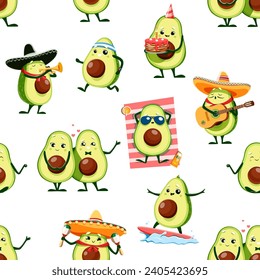 Cartoon kawaii Mexican avocado characters seamless pattern. Textile or wrapping paper vector seamless print, fabric pattern with avocado mariachi musicians, fresh fruit sunbathing, jogging and surfing