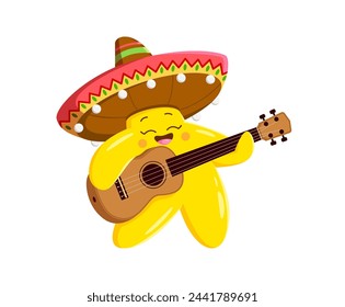 Cartoon kawaii Mexican mariachi star character with guitar. Isolated vector twinkle personage in traditional sombrero hat, passionately playing music, sparkling with joy, at Cinco de mayo holiday fun