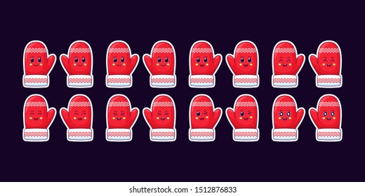 Cartoon Kawaii Mitten, Christmas Sticker set. New Year and Xmas collection of Cute red Pair mittens, different emotions. Festive Character with expressions, vector illustration