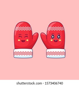 Cartoon kawaii Mittens with Smiling eyes and Admiring face. Cute red Mittens with pattern for Christmas celebration, Childish Character with Cheerful emotion. Vector illustration