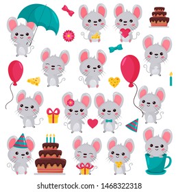 Cartoon Kawaii mouse characters set in different situations. Birthday cake. For nursery. Rat with cheese, gift, umbrella, balloon, in cup. Valentines day theme. Isolated on white background.