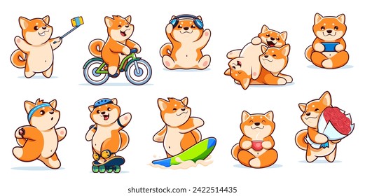 Cartoon kawaii Haustiere, Shiba Inu Hund und Welpen Charaktere, Vektor lustige Tiere. Kid cute glückliche Shiba Inu Welpen Hunde mit Kaffeetasse, Skateboard oder Fahrrad und Blumen, machen Selfie auf Handy