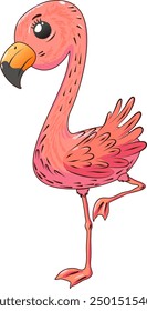 Cartoon Kawaii Pink Flamingo stands on one leg with its paw raised. Beautiful Bird Character on Transparent Background. Vector illustration