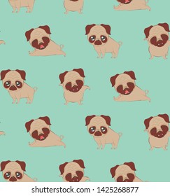 Cartoon kawaii pug in different expressions and poses illustration.