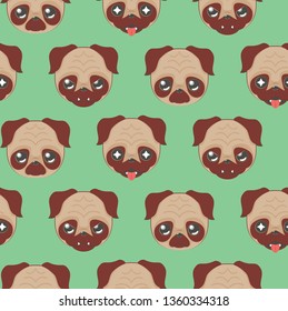 Cartoon kawaii pug face in different expressions illustration.