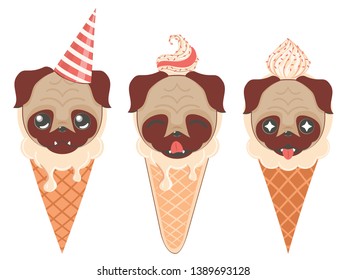 Cartoon kawaii pug face in the ice cream cone illustration.