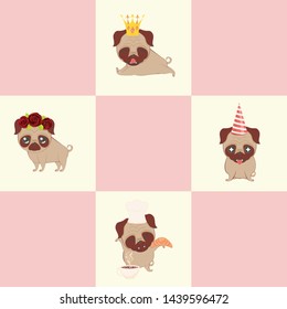 Cartoon kawaii pug with party props in different poses.