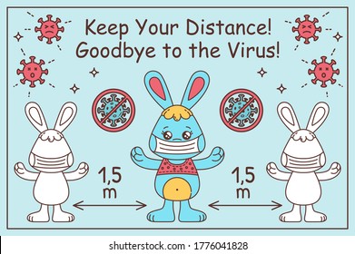 Cartoon Kawaii Rabbit Bunny Keep Social Distance. Wearing Medical Mask. Coronavirus Prevention Kids Information Vector Poster on Blue Background with Virus Icons. Pandemic Coronavirus COVID-19.