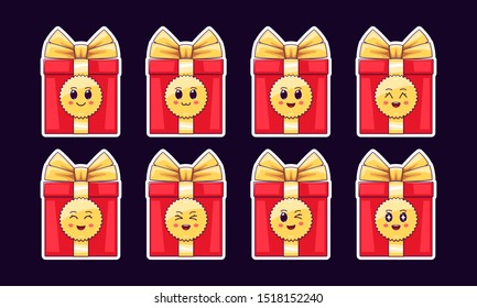 Cartoon Kawaii Red Gift Box, Christmas Sticker set. New Year and Xmas collection of Cute Gift with Golden bow, different emotions. Festive Character with expressions, vector illustration
