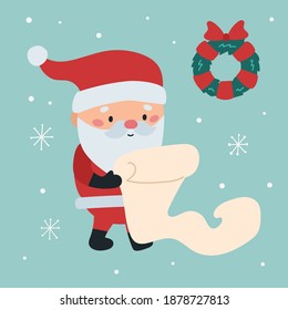 Cartoon kawaii Santa Claus with list. Christmas wreath. Happy New Year vector illustration.