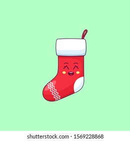 Cartoon kawaii Santa Sock with Grinning face. Cute Santa Claus Sock for Christmas celebration, Childish Character with Cheerful emotion. Vector illustration