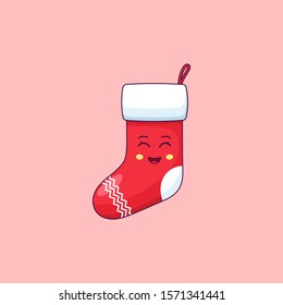 Cartoon kawaii Santa Sock with Smile and Smiling eyes. Cute Santa Claus Sock for Christmas celebration, Childish Character with Cheerful emotion. Vector illustration