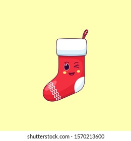 Cartoon kawaii Santa Sock with Winking face. Cute Santa Claus Sock for Christmas celebration, Childish Character with Cheerful emotion. Vector illustration