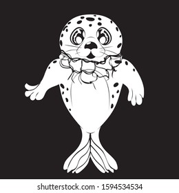 Cartoon kawaii seal with big eyes and net around its neck, ocean pollution themed design.