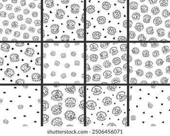 Cartoon kawaii seashell with a pearl. Seamless pattern. Coloring Page. Funny aquatic life. Hand drawn style. Vector drawing. Collection of design ornaments.