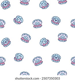 Cartoon kawaii seashell with a pearl. Seamless pattern. Funny aquatic life. Hand drawn style. Vector drawing. Design ornaments.
