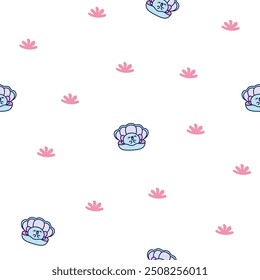 Cartoon kawaii seashell with a pearl. Seamless pattern. Funny aquatic life. Hand drawn style. Vector drawing. Design ornaments.