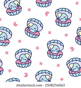 Cartoon kawaii seashell with a pearl. Seamless pattern. Funny aquatic life. Hand drawn style. Vector drawing. Design ornaments.