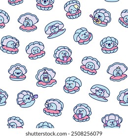 Cartoon kawaii seashell with a pearl. Seamless pattern. Funny aquatic life. Hand drawn style. Vector drawing. Design ornaments.