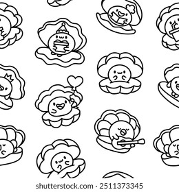 Cartoon kawaii seashell with a pearl. Seamless pattern. Coloring Page. Funny aquatic life. Hand drawn style. Vector drawing. Design ornaments.