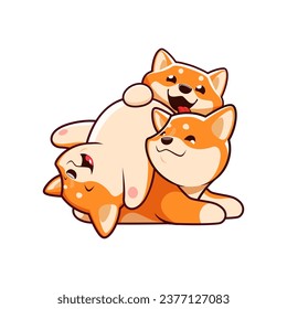 Cartoon kawaii Shiba Inu dog playful puppies characters. Comical Shiba Inu dogs personages, adorable Japanese puppies playing and fooling around together vector characters. Funny animal pet mascots