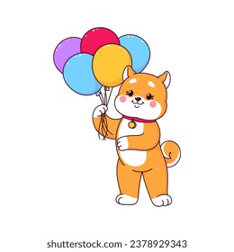 Cartoon kawaii shiba u perro y personaje de cachorro, mascota linda con globos vibrantes, irradiando alegría y alegría. Personaje de canina divertida vectorial aislado con una presencia lúdica y reconfortante