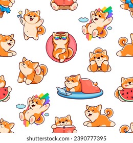 Cartoon kawaii Shiba Inu Hunde Charaktere nahtlose Muster. Stoffdruck, Tapete, Vektorgrafik nahtloser Hintergrund mit lustigem Shiba Inu Welpenlesebuch, Wassermelone essen, Regenbogen abgleiten