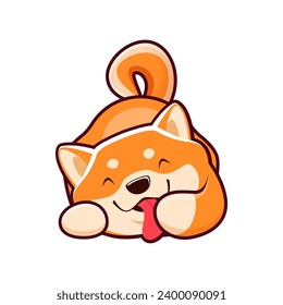 Cartoon kawaii Shiba Inu dog licking paw, cute puppy pet or funny animal, vector kids character. Shiba Inu puppy dog playing with tongue and paws, baby mascot or happy dog emoji
