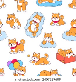 Cartoon kawaii Shiba Inu dog and puppy seamless pattern, vector background. Funny cute Shiba Inu dog pet playing with bone or star, sleeping on cloud bed or snoozing on pillow for kids pattern