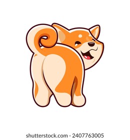 Caricatura kawaii Shiba Inu perro que se muestra de vuelta, lindo cachorro o divertido animal, personaje de niños vectores. Feliz cachorro Shiba Inu sonriendo con la cola hacia arriba, mascota bebé o emoji perro lindo