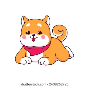 Caricatura kawaii shiba, personaje de perro inu tendido sobre el estómago y sacando la lengua. Cute japonés shiba u puppy vectorial personage en collar de bandana. Emoji animal de mascota divertida relajándose con una sonrisa feliz