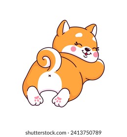 Caricatura kawaii Shiba Inu perro y personaje de cachorro, linda mascota. Bebé animal de Kawaii, adorable personaje de Shiba Inu o lindo personaje de cachorro aislado de vector. Pequeña mascota cómica del perro japonés