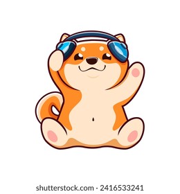 Cartoon kawaii shiba inu dog character listening music with headphones, vector pet animal personage. Cute puppy of japanese shiba inu personage with headset, happy smiling face, funny brown dog emoji