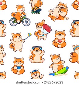 Cartoon kawaii Shiba Inu dog pet characters seamless pattern. Fabric seamless print with cute dogs, wallpaper or wrapping paper vector pattern with Shiba Inu personages skating, surfing and jogging