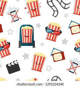 cartoon kawaii smiling buckets of popcorn watch film, tickets, clapperboard, smartphone and film roll, cinema seamless pattern