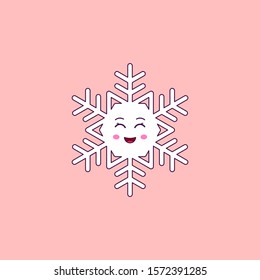 Cartoon Kawaii Snowflake with Smile and Smiling eyes. Cute white Snowflake for Frosty winter season, Childish Character with Cheerful emotion. Vector illustration