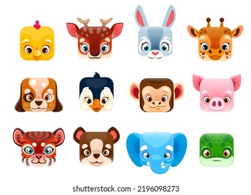 Cartoon kawaii square animal faces. Vector heads of cute dog, bear, pig and penguin, rabbit, monkey, giraffe and tiger, elephant, frog, chicken and deer. Baby animal characters for avatars, game ui