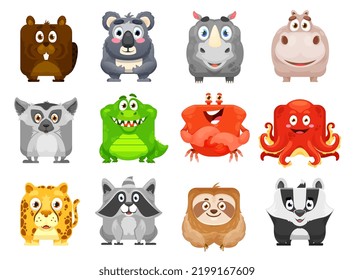 Cartoon kawaii square animal faces. Isolated vector beaver, koala, rhino and hippo. Lemur, crocodile, crab and octopus, leopard and raccoon, sloth and badger funny characters