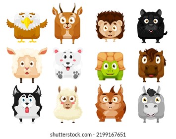 Cartoon kawaii square animal faces. Isolated vector eagle, gazelle, hedgehog and puma, sheep, polar bear, turtle or horse, husky, squirrel and donkey funny pet characters. Wild and farm personages