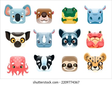 Cartoon kawaii quadratische Tierfronten, Emoticons lächeln und Emoji Vektorsymbole. Fröhliche, süße kawaiianische Gesichter von Koala, Krokodil oder Biber und Tintenfisch, lächelnder Racon mit Schlamm und Tiger, Zoo Emoji