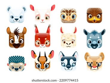 Cartoon kawaii square animal faces, emoticons and smiles, vector icons. Cute happy kawaii animals emoji of bear, turtle, eagle bird and baby deer with squirrel, wolf or donkey and lama or sheep lamb