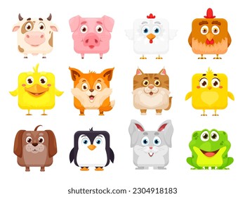 Caricatura kawaii cuadrada, caras de animales adorables de mascotas. Sonrisa vectorial kawaii caras de gato bebé, conejo y cerdo, dibujos animados felices personajes animales con sonrisa, perro y polluelo, vaca, lechón y conejo