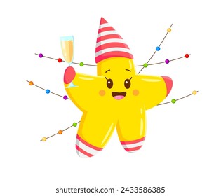 Cartoon kawaii star character celebrating a birthday party. Isolated vector yellow twinkle personage in party hat, beams with joy, surrounded by colorful garlands, holding wineglass with a wide smile