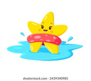 Cartoon kawaii star character with floating ring. Isolated vector cute cheerful and happy twinkle enjoying summer vacation in pool or beach. Joyful toon personage radiating cuteness and happiness