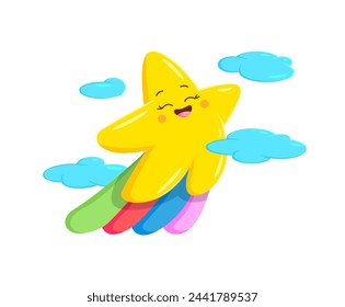 Cartoon Kawaii Star Charakter auf Regenbogen, lustiges Funkeln Emoji, Vektor Emoticon. Nettes lächelndes und glückliches Star-Emoji fliegen auf Regenbogen in Himmelswolken, Kinder-Maskottchen oder fröhliche Cartoon-Kawaii-Charakter