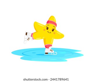 Cartoon kawaii star character skating on the skating rink. Isolated vector twinkle personage glides gracefully on ice, its cheeks blushing pink and eyes sparkling with joy, at winter holiday vacation