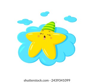 Cartoon kawaii star character sleeping on the cloud. Cute and happy twinkle personage peacefully slumbers in a nightcap. Isolated vector sleeping celestial toon, surrounded by a tranquil bedtime aura